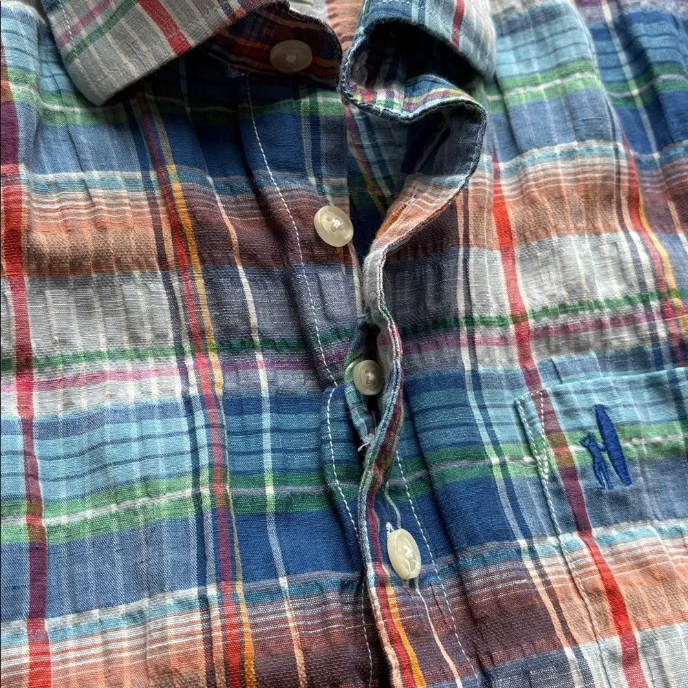 Johnnie-O Men’s Plaid S/S Cotton Linen Button Down Shirt M